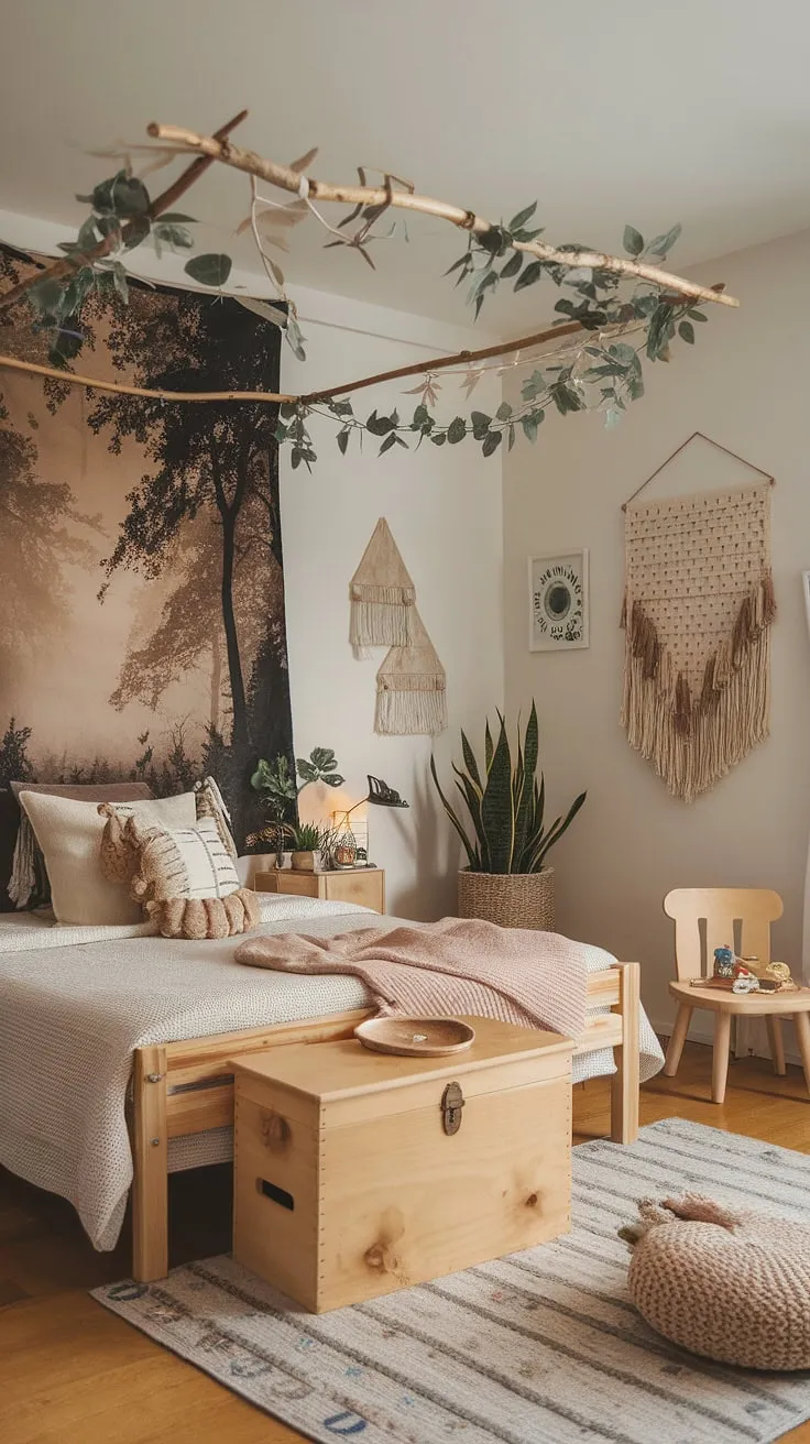 Discover the magic of this forest-inspired kids room; a natural kids room brimming with boho charm. This woodland themed room is the perfect earthy toddler room, a peaceful retreat for any child.