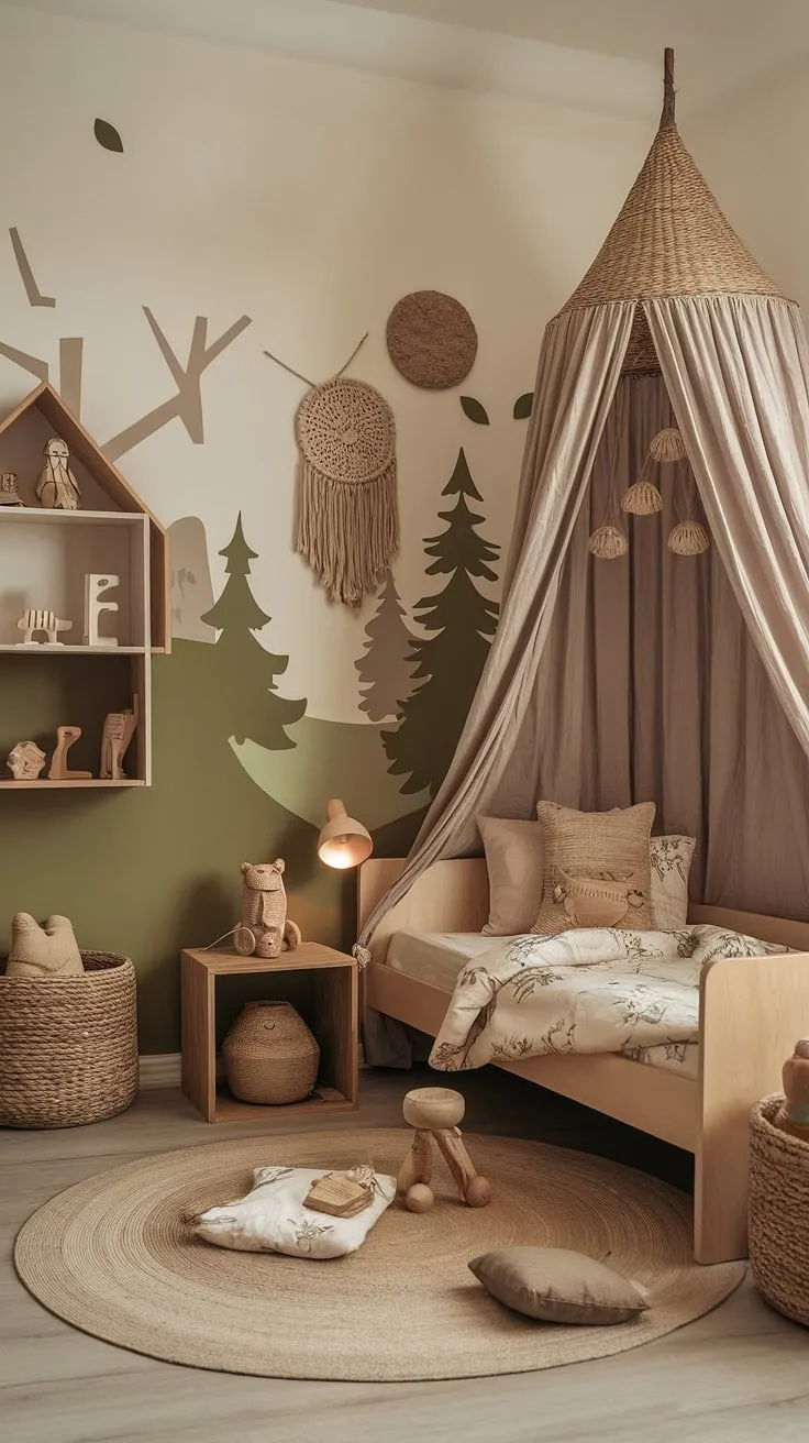 Dreamy woodland escape: This boho kid room, a nature themed kids bedroom, blends earthy toddler room vibes with a forest-inspired kids room aesthetic. A perfect natural kids room for little adventurers.