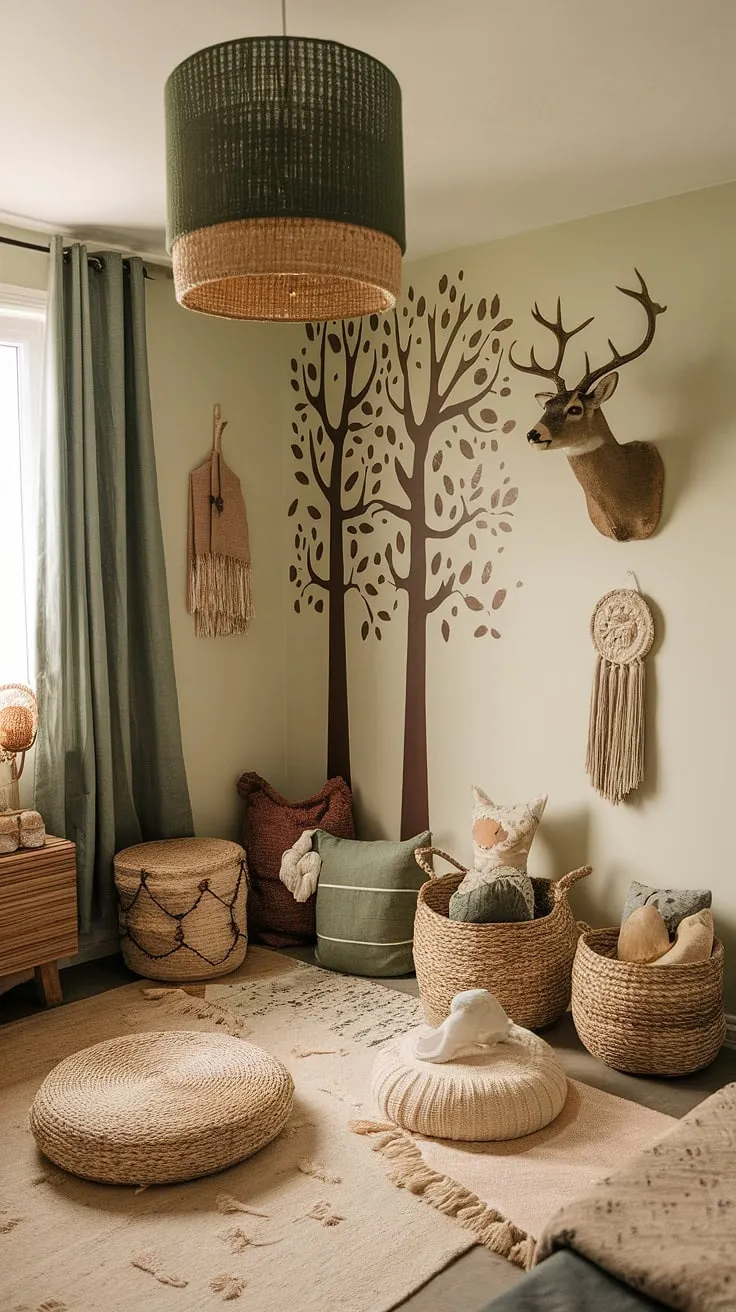 Step into this enchanting boho kid room, a nature-themed haven where earthy tones and woodland charm create a magical atmosphere. The forest-inspired kids room features a whimsical tree wall decal, a sweet deer head, and a calming green lampshade, all nestled within a rustic, organic setting of textured fabrics and woven baskets. This earthy toddler room is the perfect blend of style and comfort, a truly natural kids room for imaginative play.