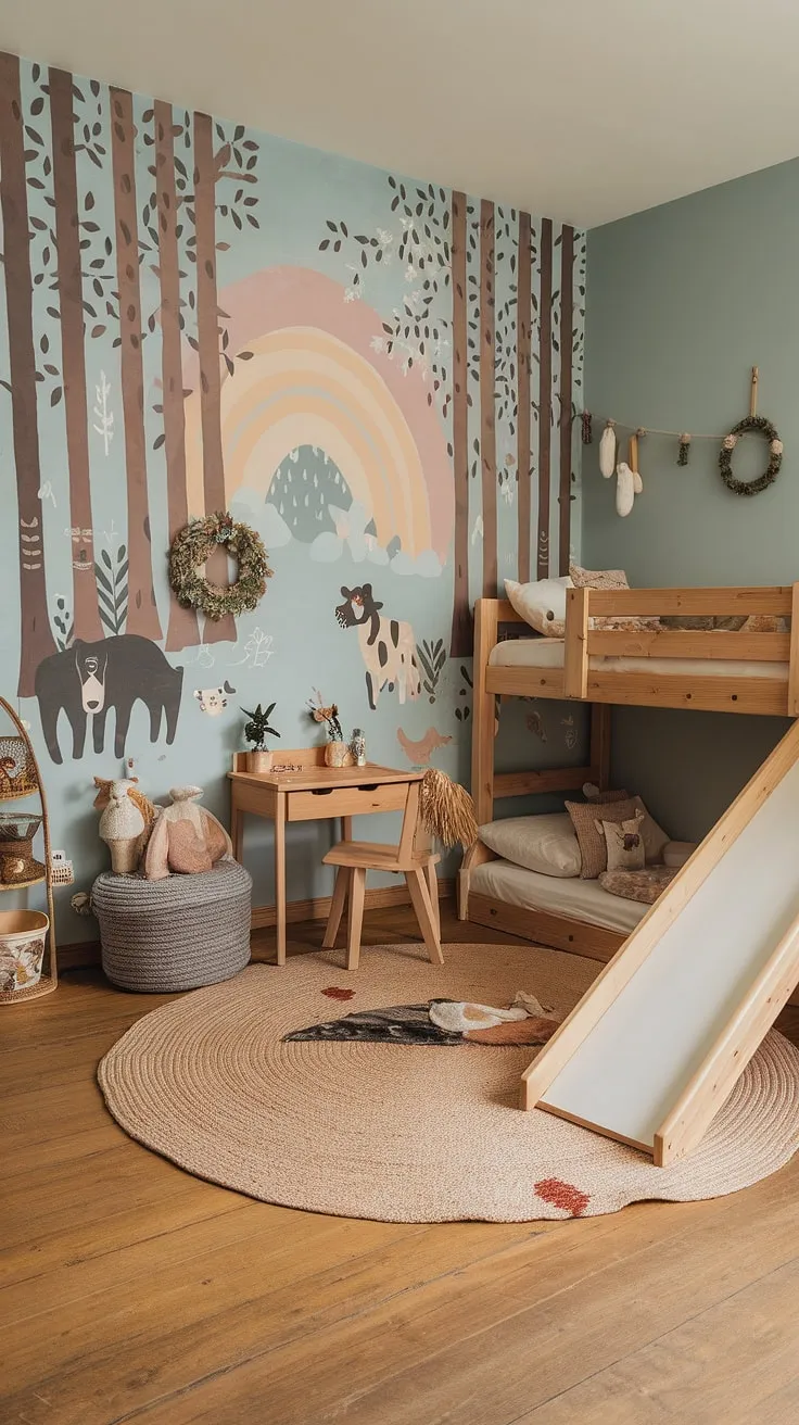 Step into this enchanting boho kid room, a whimsical woodland themed room where nature's magic unfolds. The forest-inspired kids room boasts a stunning wall mural depicting a vibrant forest scene complete with playful animals and a rainbow, setting the stage for imaginative play. Earthy toddler room elements, like the wooden bunk bed with slide and natural wood desk, blend seamlessly with the plush rug and nature-themed accents, creating a truly natural kids room. This kids forest room is the perfect blend of cozy and adventurous.