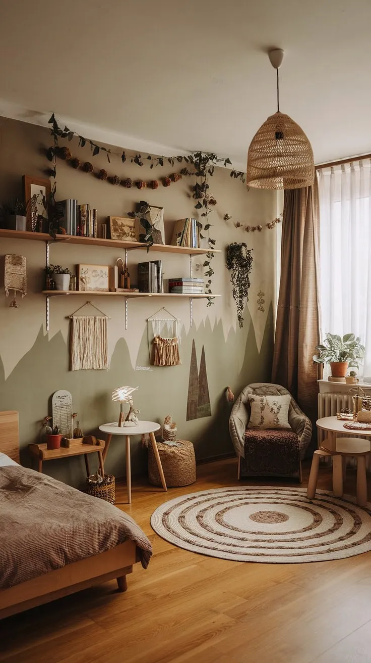 Discover the magic of this earthy toddler room, a beautifully crafted forest-inspired kids room.  Every detail, from the wooden floors to the carefully chosen decor, speaks to the beauty of nature.  This woodland themed room is the perfect blend of boho style and a child's whimsical imagination, creating a truly unique and natural kids room.