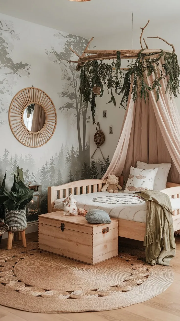 Step into this enchanting boho kid room, a whimsical forest-inspired haven where earthy tones and natural textures create a magical woodland themed room.  The canopy bed, nestled amongst greenery and a forest mural, invites sweet dreams in this nature themed kids bedroom, a truly natural kids room perfect for a little adventurer.