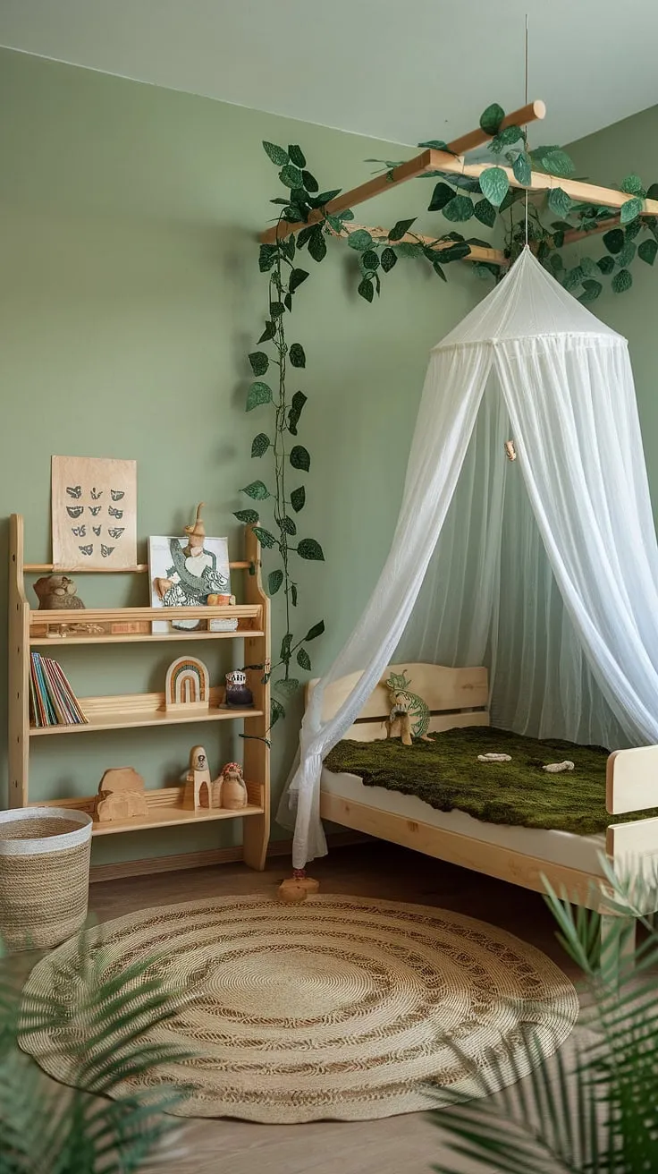 Escape to the enchanting world of this boho kid room, a forest-inspired haven where dreams bloom.  Earthy tones and natural textures create a woodland themed room, perfect for a little adventurer. This nature themed kids bedroom, a kids forest room brimming with whimsical charm, offers a peaceful retreat for imaginative play.  A natural kids room where childhood memories are made.