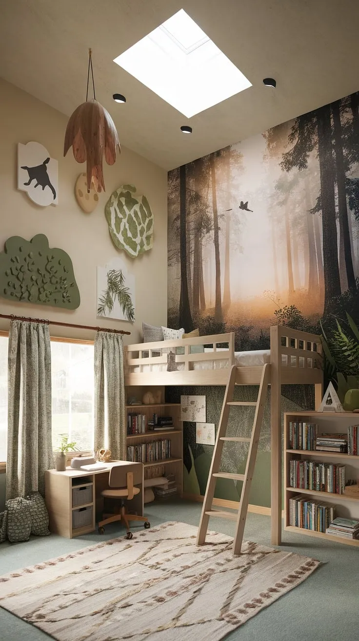 Escape to this dreamy kids forest room, a captivating earthy toddler room designed for imaginative play.  The forest inspired kids room boasts a high ceiling, a charming loft bed, and a bookshelf brimming with stories.  This boho kid room, with its woodland themed room decor and natural color palette, is a sanctuary of calm and wonder.