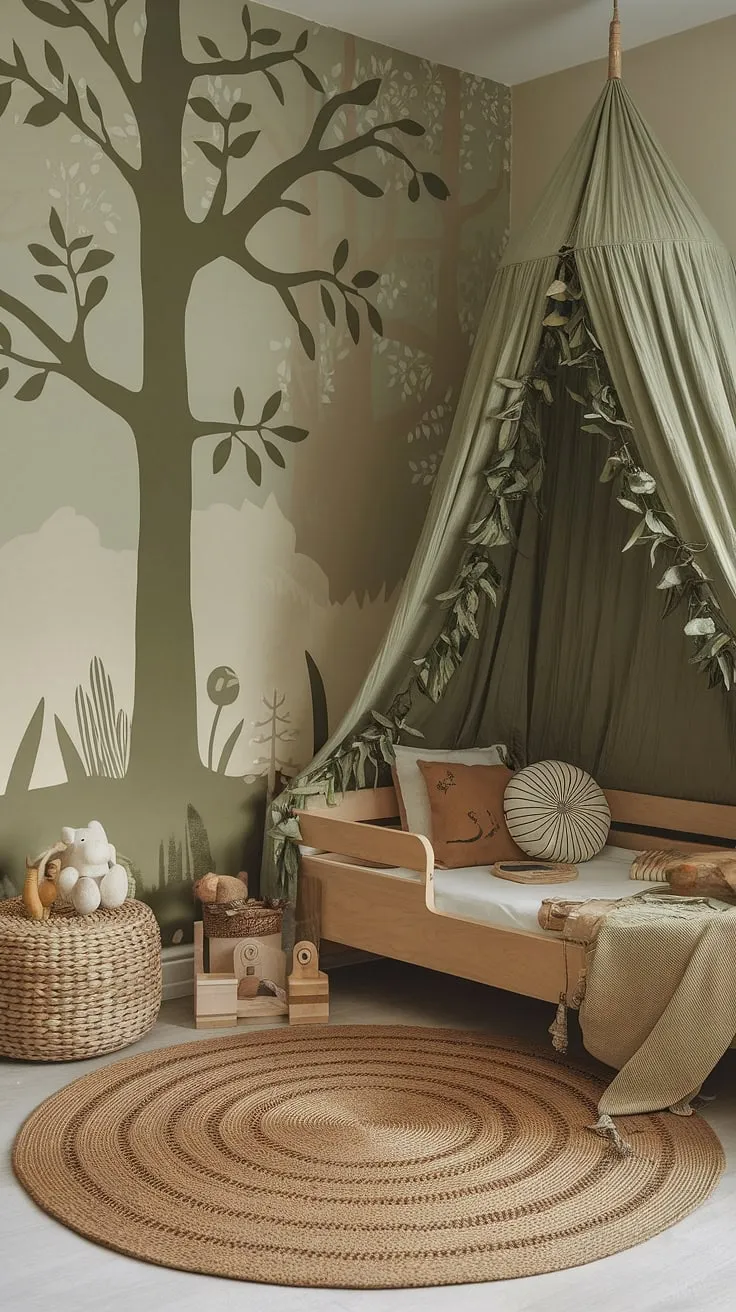 Step into this enchanting boho kid room, a nature-themed haven where woodland dreams come to life. The forest-inspired kids room features a whimsical tree mural, a canopy bed draped in greenery, and earthy tones that create a calming, natural kids room atmosphere. Perfect for imaginative play, this earthy toddler room is a delightful blend of boho style and woodland charm, a truly magical kids forest room.