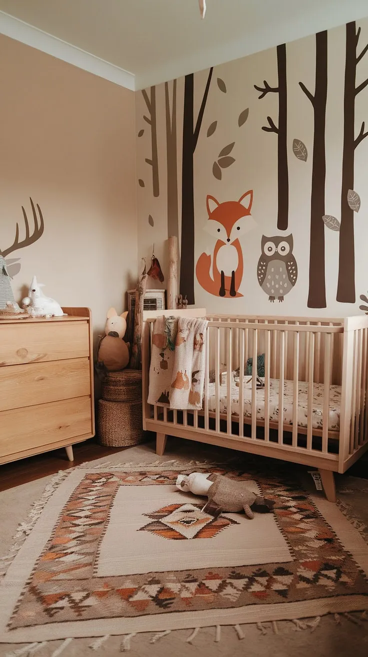 Step into this enchanting kids forest room, a boho kid room designed with a forest-inspired kids room theme. The nature themed kids bedroom boasts a wooden crib, a rustic chest of drawers, and a captivating wall decal. This woodland themed room is the perfect blend of earthy tones and whimsical charm, creating a natural kids room for sweet dreams.