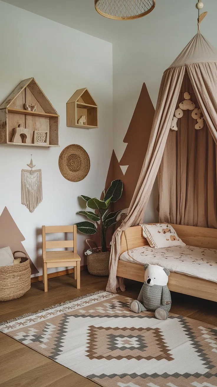 This earthy toddler room is a dreamy woodland themed room, a perfect blend of boho and forest-inspired design. The natural kids room features a wooden bed under a canopy, a wooden chair, and a patterned rug, creating a whimsical kids forest room. Rustic shelves and a woven basket add to the charming, nature-themed kids bedroom atmosphere. The space is completed with a touch of greenery and a friendly bear toy.