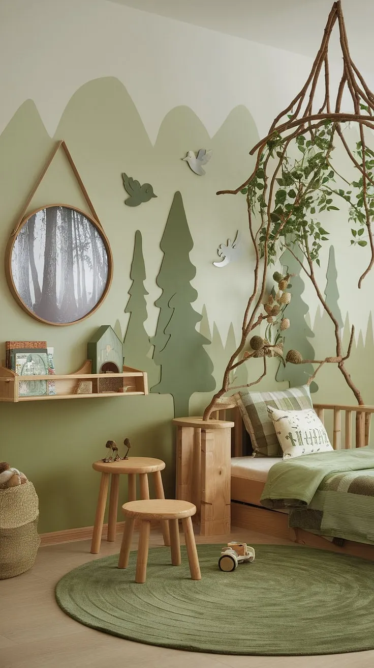 Dreamy and earthy, this forest-inspired kids room is the ultimate natural kids room. A boho kid room perfectly designed for a toddler, this nature themed kids bedroom offers a calming woodland themed room escape.