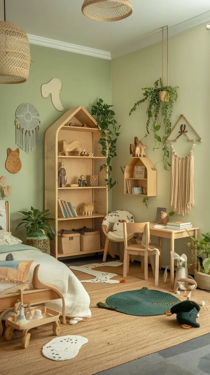 Escape to the woods in this nature-themed kids bedroom. A woodland themed room, this boho kid room offers a calming and playful earthy toddler room, perfect for imaginative play in a stunning kids forest room.