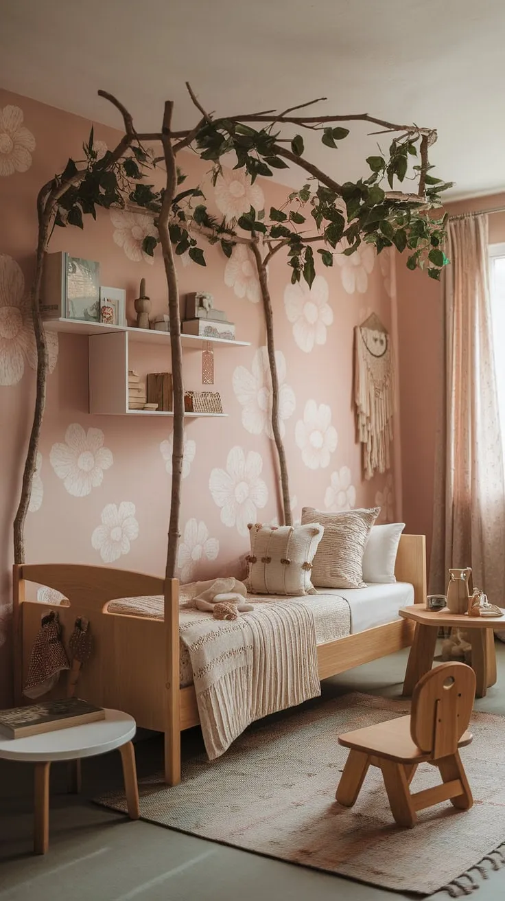 Step into this enchanting boho kid room, a whimsical forest-inspired haven where earthy tones and natural elements create a magical woodland themed room for your little one. This nature themed kids bedroom is the perfect blend of cozy and adventurous, a truly natural kids room.