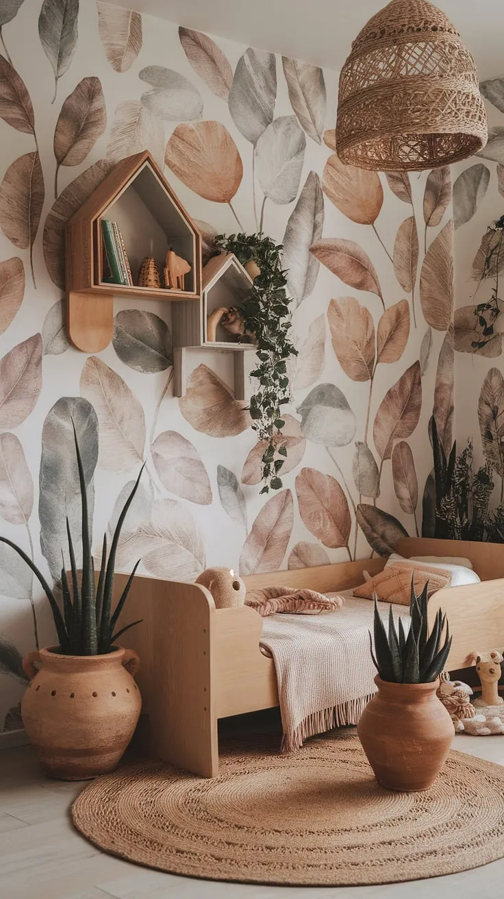 Step into this enchanting boho kid room, a nature-themed haven where earthy tones and woodland charm create a peaceful forest-inspired kids room. This natural kids room is the perfect earthy toddler room for sweet dreams.