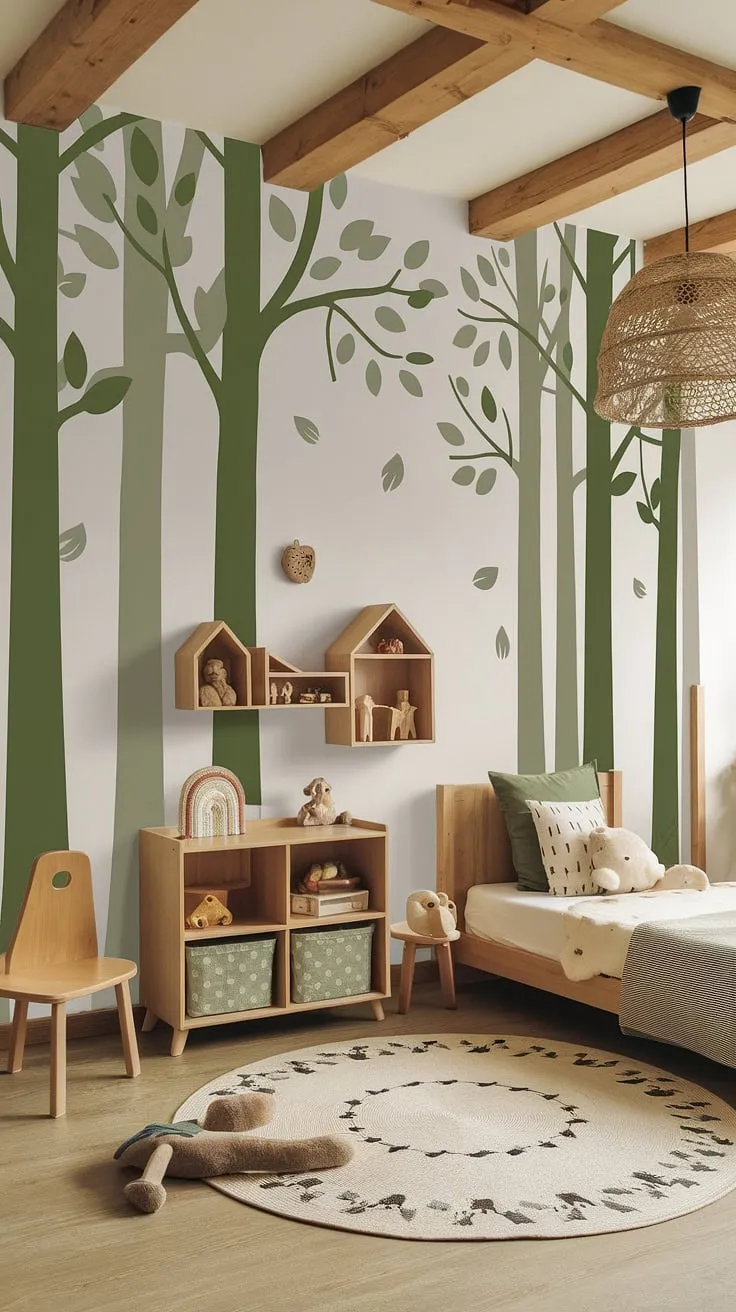 Step into this enchanting boho kid room, a nature-themed haven where earthy tones and woodland charm create a peaceful retreat. The forest-inspired kids room features large tree decals, a wooden bed, and natural textures, transforming this earthy toddler room into a whimsical kids forest room. The natural kids room's design perfectly blends boho style with a woodland themed room aesthetic.