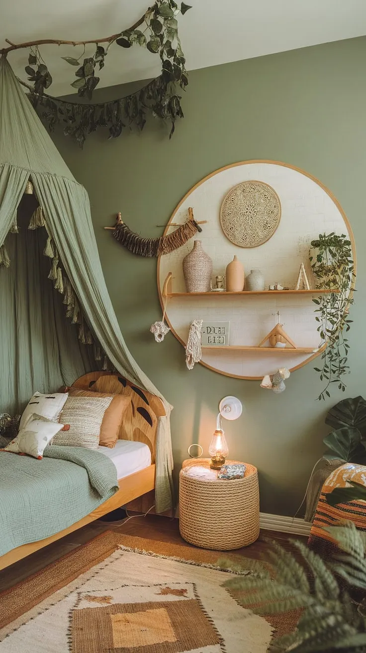 Dive into the magic of this earthy toddler room, a kids forest room brimming with bohemian charm.  The forest inspired kids room features a whimsical canopy bed and thoughtfully curated details, creating a truly unique and peaceful woodland themed room.  This natural kids room is the perfect blend of style and serenity.