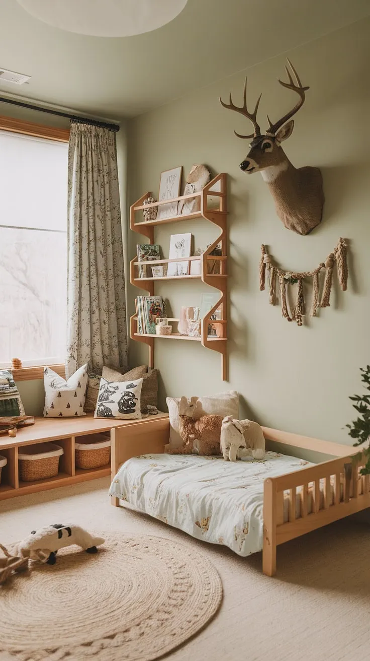 This earthy toddler room, a perfect blend of boho kid room and forest inspired kids room, invites little ones to explore a whimsical woodland themed room.  Natural light streams through the window, illuminating the carefully curated collection of books and toys on wooden shelves, creating a magical nature themed kids bedroom.