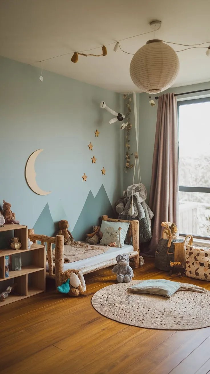 This earthy toddler room, a dreamy boho kid room, is where woodland adventures begin.  The forest-inspired kids room, with its natural kids room feel, invites imaginative play in a nature themed kids bedroom.  A kids forest room perfectly designed for sweet dreams.