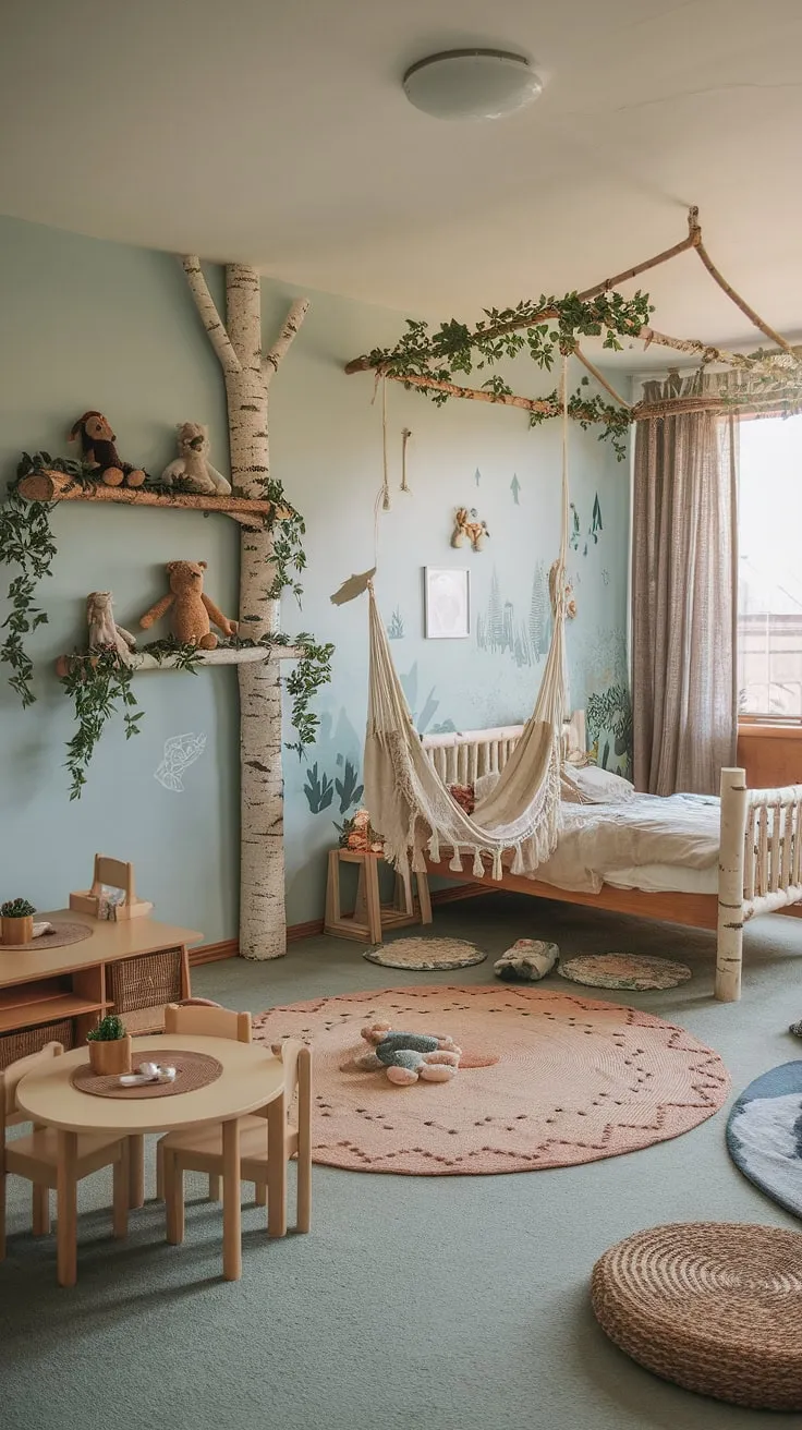 Drift off to sleep under a canopy of dreams in this boho kid room.  The forest-inspired kids room, with its earthy toddler room aesthetic, is a haven of natural light and woodland-themed wonder.  A perfect nature-themed kids bedroom, this kids forest room is a celebration of all things natural.