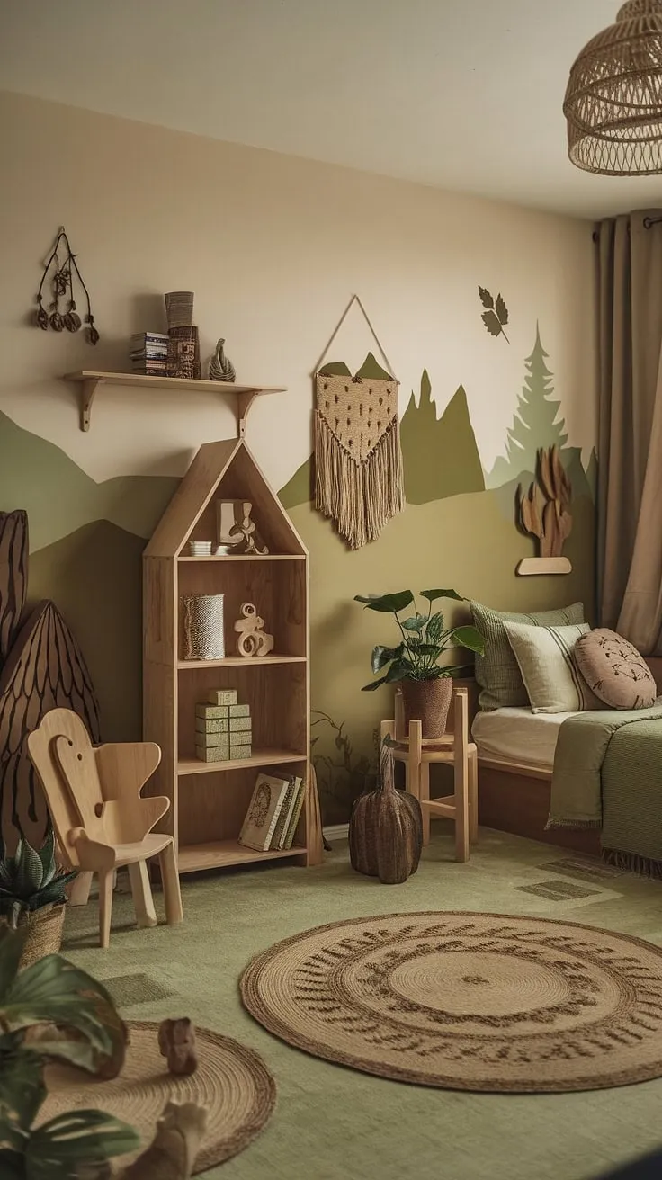Step into this enchanting boho kid room, a nature-themed kids bedroom brimming with woodland charm. Earthy tones of green, brown, and beige create a calming atmosphere in this forest-inspired kids room, while wooden furniture and nature-inspired art complete the look of this natural kids room. The perfect woodland themed room for a little adventurer.