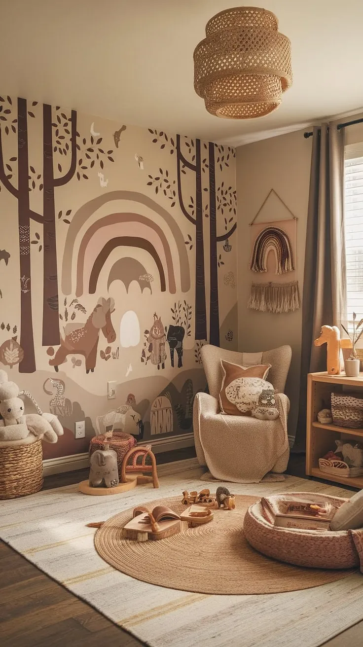 Step into this enchanting boho kid room, a nature-themed haven where earthy tones meet woodland wonder. A forest-inspired kids room brimming with natural elements, perfect for imaginative play.