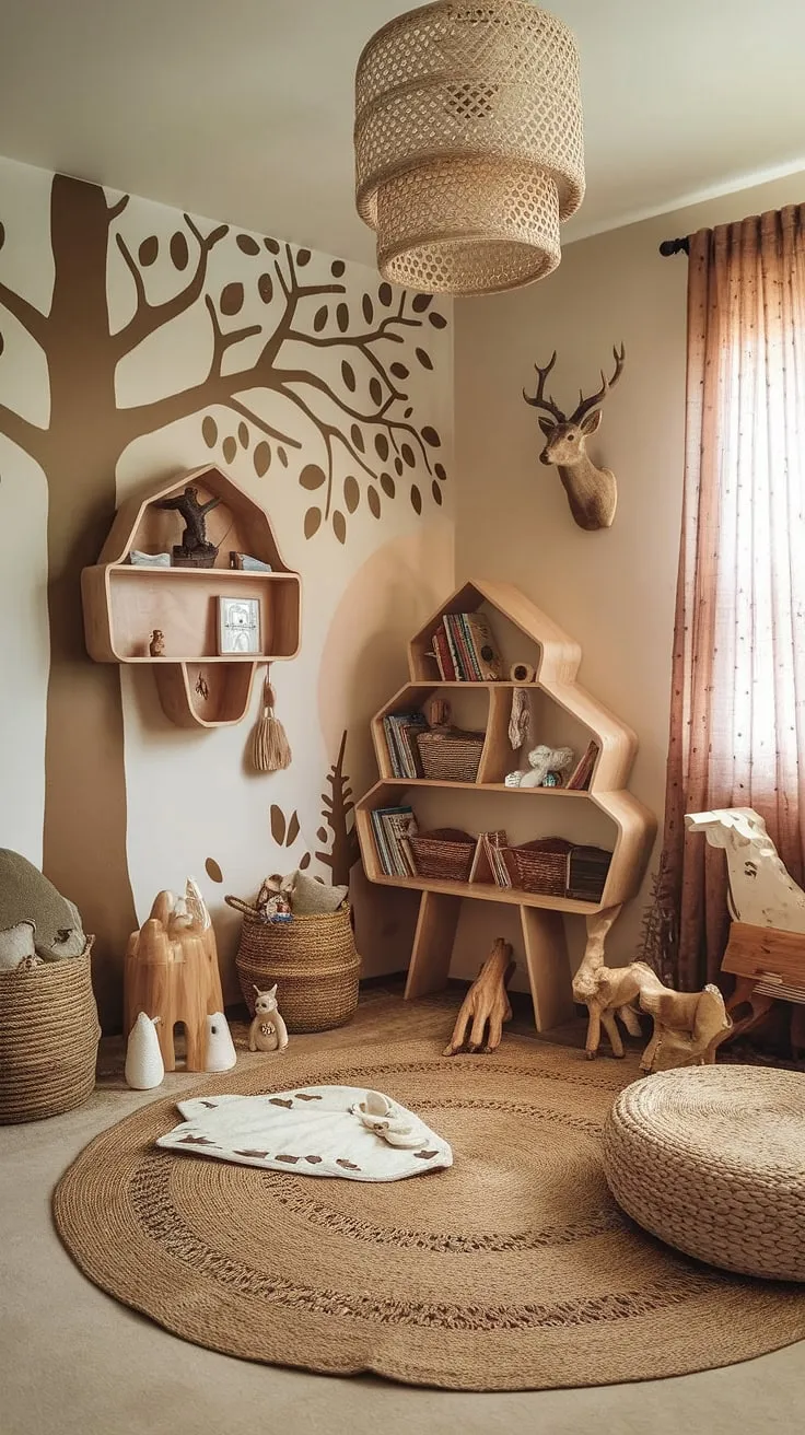 Step into this enchanting boho kid room, a whimsical forest-inspired kids room where earthy tones and natural textures create a magical woodland themed room for your little one. This nature themed kids bedroom is the perfect blend of cozy and playful.