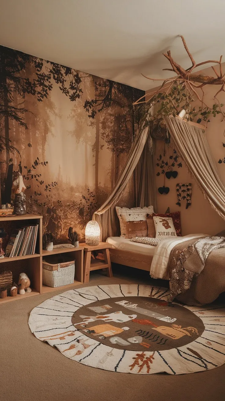 Discover the wonder of this kids forest room, a captivating blend of boho and woodland charm. This earthy toddler room boasts a nature themed kids bedroom aesthetic, with a branch canopy bed, forest-inspired tapestry, and patterned rug creating a truly immersive experience. The carefully curated details, from the bookshelf to the soft lighting, transform this space into a magical and inviting boho kid room.