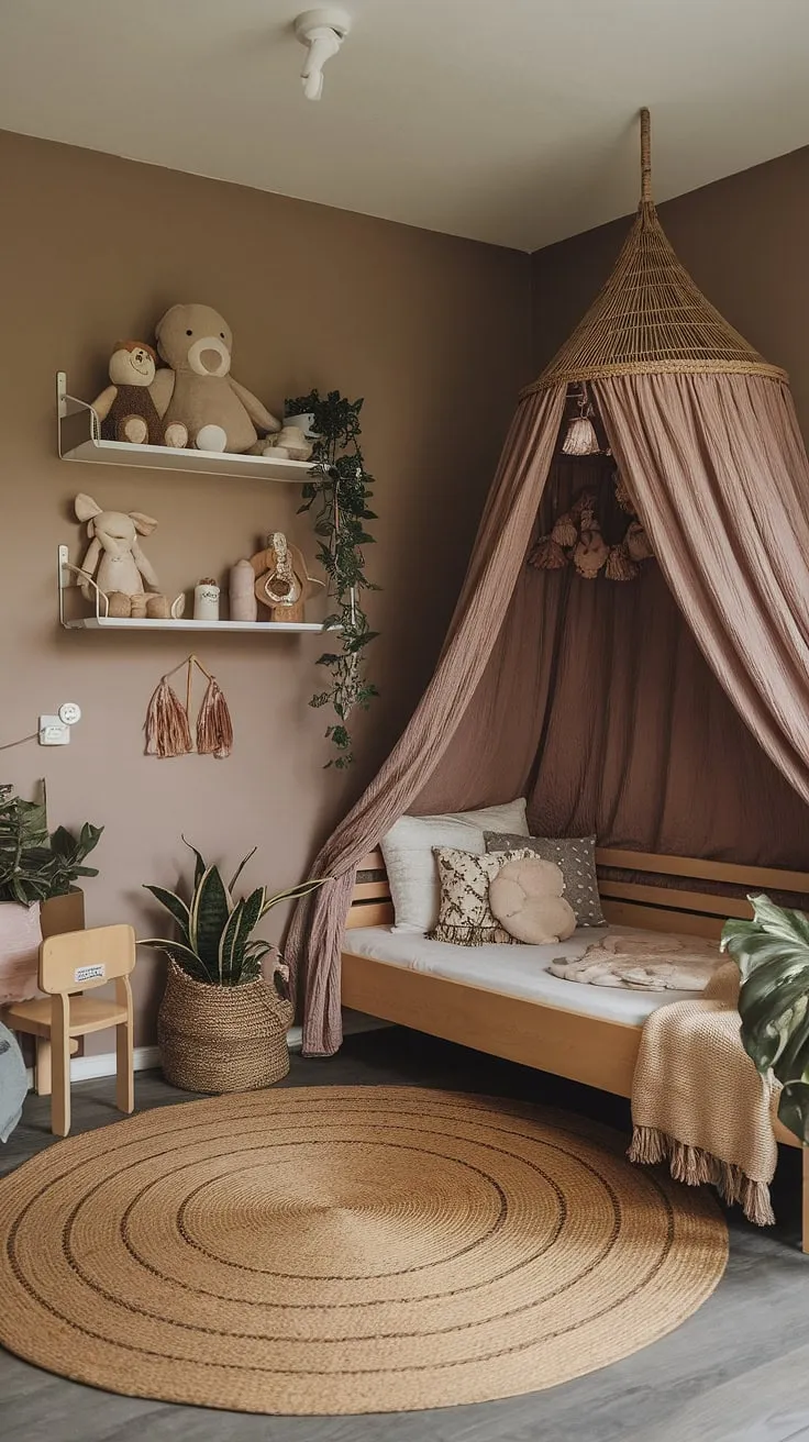 Step into this enchanting boho kid room, a dreamy forest-inspired kids room where nature's charm meets childlike wonder. The earthy toddler room boasts a woven canopy bed, nestled amongst stuffed animals and decorative items on wooden shelves. A small chair sits invitingly near the bed, completing this woodland themed room's cozy atmosphere. The natural kids room's muted walls and large rug create a peaceful haven, perfect for a little one's imagination to flourish in this kids forest room.
