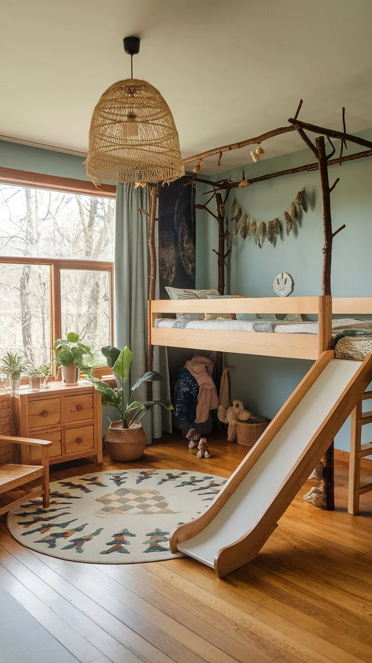 Step into this enchanting boho kid room, a nature-themed haven where woodland dreams come to life. The earthy toddler room features a forest-inspired loft bed with a whimsical branch canopy and slide, overlooking a view of real trees through a large window. Natural light floods this kids forest room, highlighting the wooden furniture and forest-patterned rug, creating a truly magical and natural kids room.