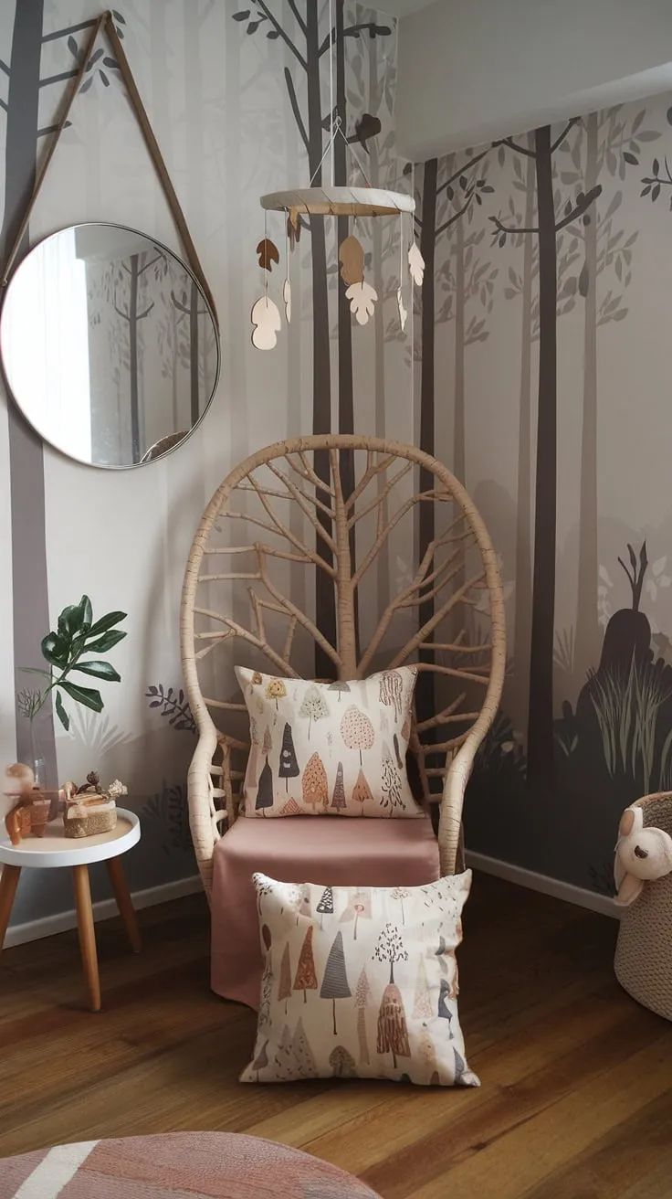 Step into this enchanting boho kid room, a whimsical forest-inspired kids room where nature's beauty unfolds. The earthy toddler room boasts a unique branch-back chair, a miniature plant stand, and a woodland themed room mobile, all nestled within a captivating forest mural. A fluffy forest-patterned pillow adds to the cozy charm of this nature themed kids bedroom, creating a truly natural kids room perfect for imaginative play.