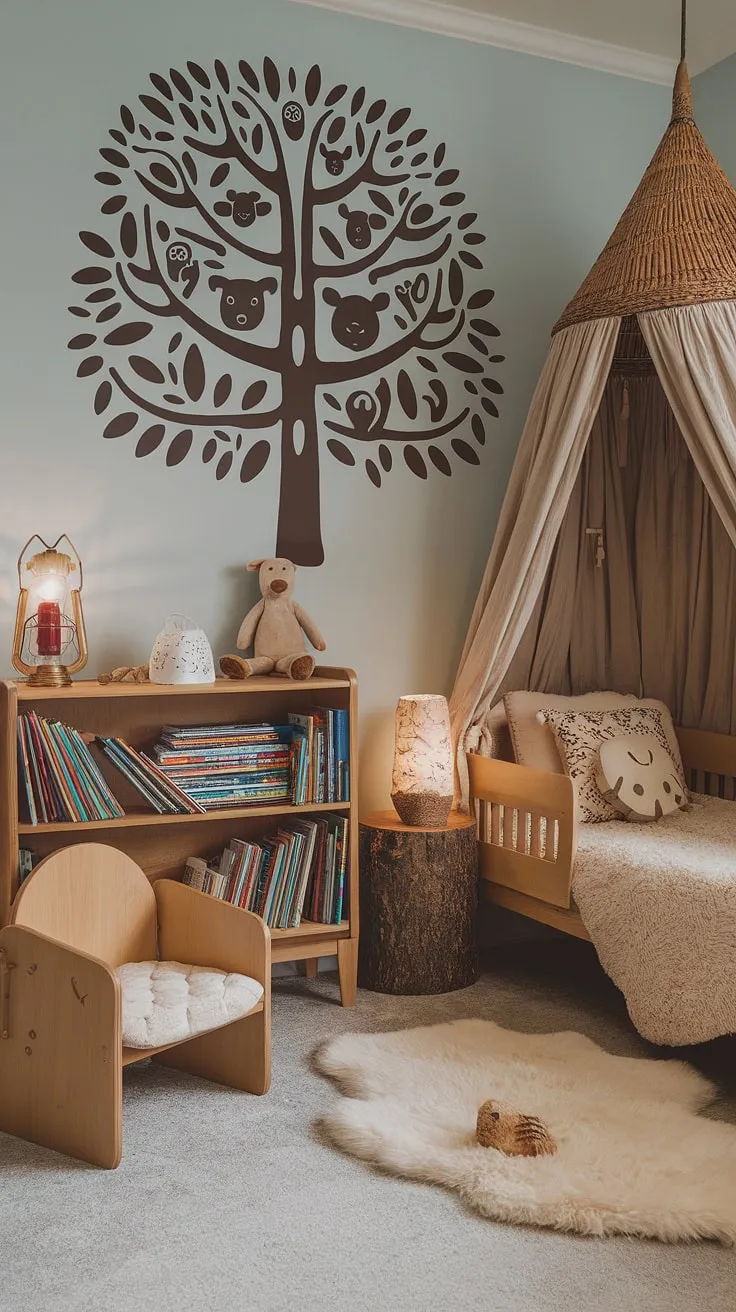 Step into this enchanting boho kid room, a dreamy forest-inspired escape where nature meets playful design. This earthy toddler room, with its woodland themed decor, creates a natural kids room perfect for sweet dreams.