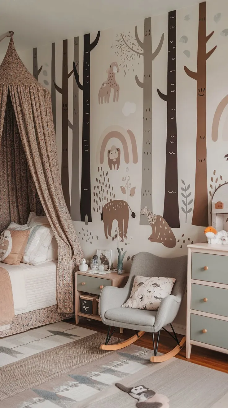 Escape to this enchanting boho kid room, a whimsical woodland themed room where earthy tones and a vibrant forest mural create a magical nature themed kids bedroom.  This kids forest room is the perfect blend of natural kids room comfort and playful design, a truly captivating earthy toddler room.
