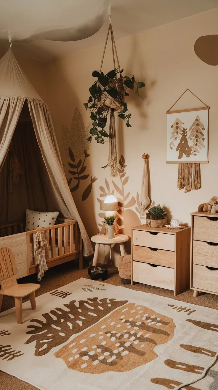 Step into this enchanting boho kid room, a whimsical woodland retreat where earthy tones and forest-inspired details create a calming nature themed kids bedroom.  The toddler bed, nestled under a leafy canopy, invites sweet dreams in this idyllic kids forest room.  A natural kids room perfect for little adventurers.