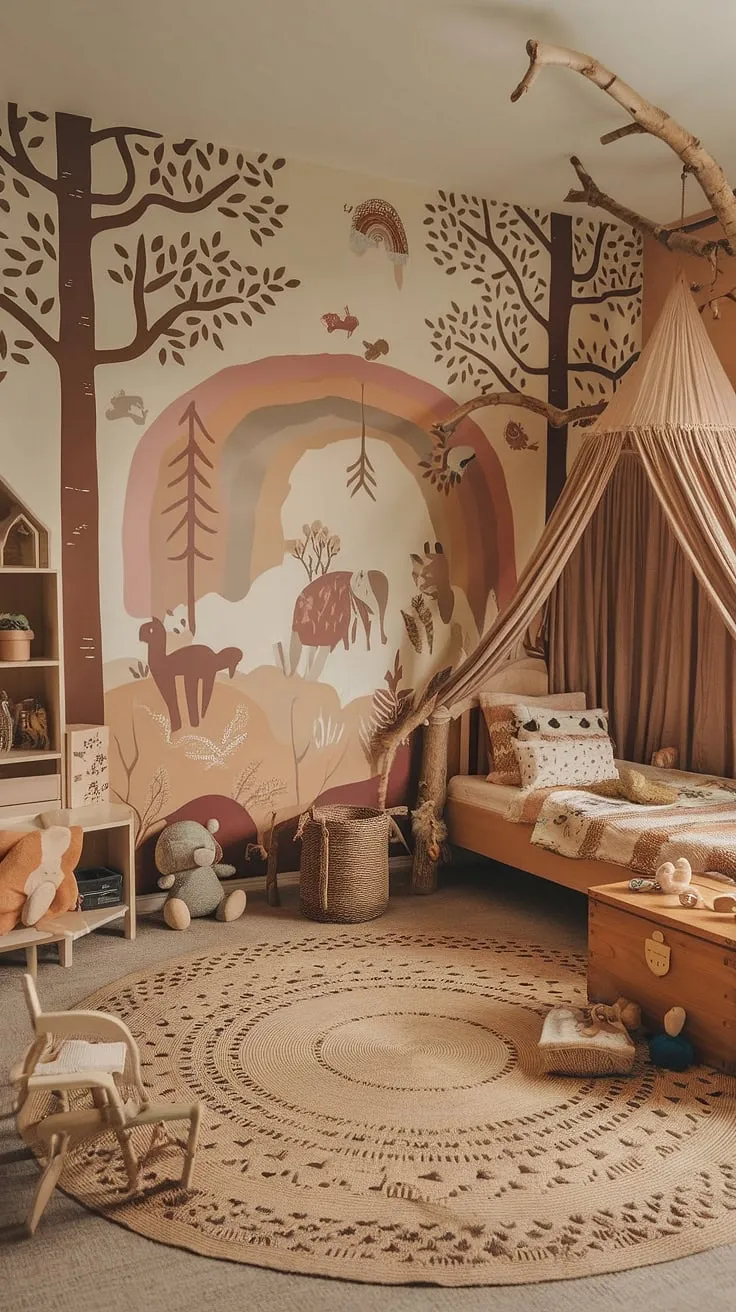 Step into this enchanting boho kid room, a whimsical woodland escape where earthy tones meet playful forest friends.  This nature-themed kids bedroom, a true kids forest room, is a haven of natural beauty, perfect for imaginative play and sweet dreams. The forest inspired kids room features a hand-painted mural, a branch canopy bed, and cozy textures, creating a magical earthy toddler room.