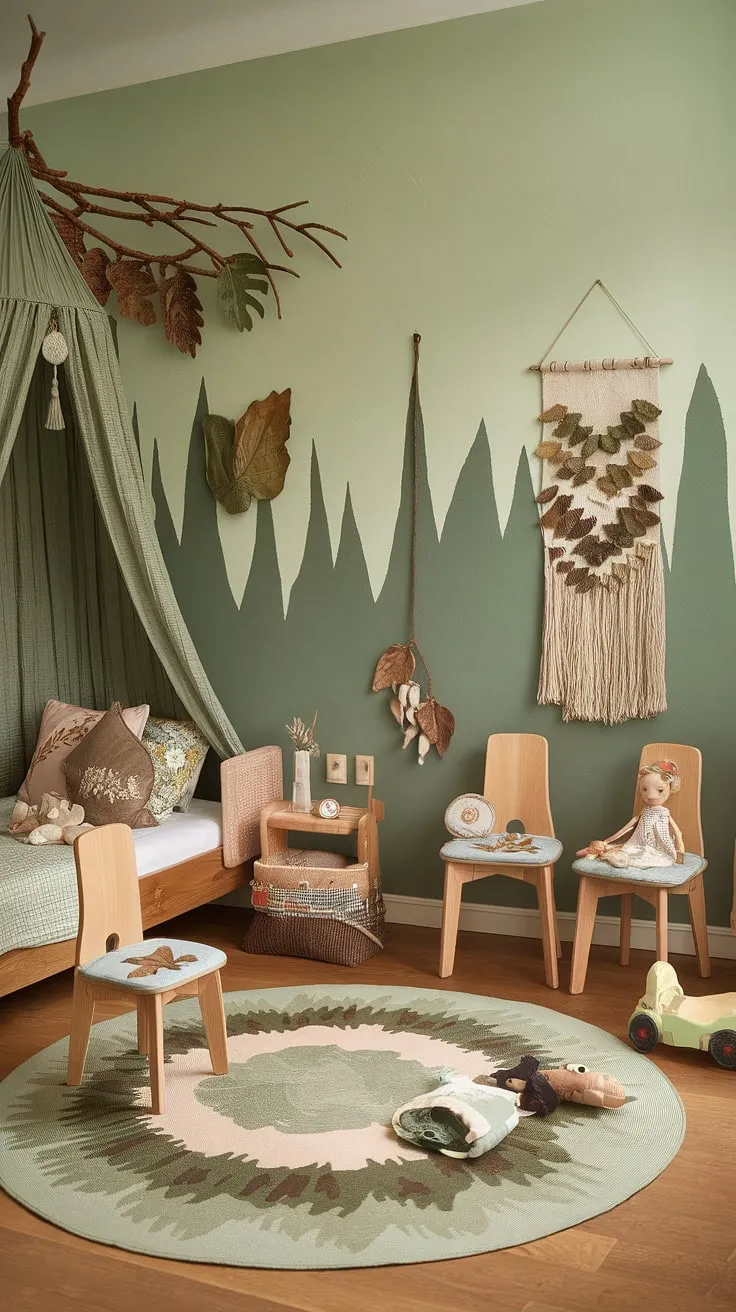 Dive into the magic of this woodland themed room, a captivating forest-inspired kids room designed for imaginative play. This earthy toddler room boasts a unique boho kid room aesthetic, filled with natural textures and nature-inspired details. From the branch canopy bed to the leaf wall hanging, every element contributes to this serene and playful nature themed kids bedroom, a true kids forest room celebrating the beauty of the natural world.