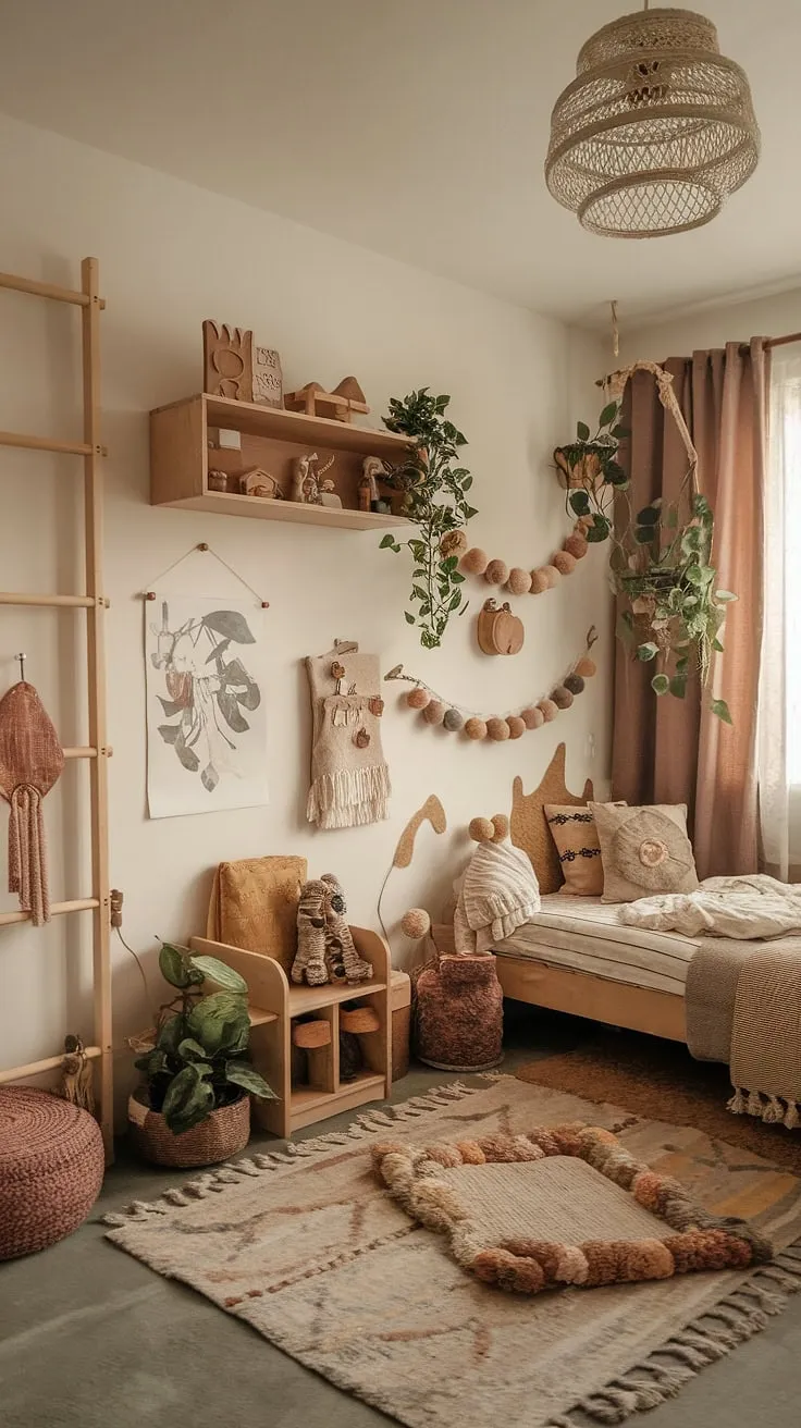 Step into this enchanting boho kid room, a nature-themed haven where woodland dreams come to life.  Earthy tones, natural textures, and playful forest-inspired decor create a calming and imaginative space for a little one to thrive in this natural kids room. This kids forest room is the perfect blend of a woodland themed room and a cozy earthy toddler room.