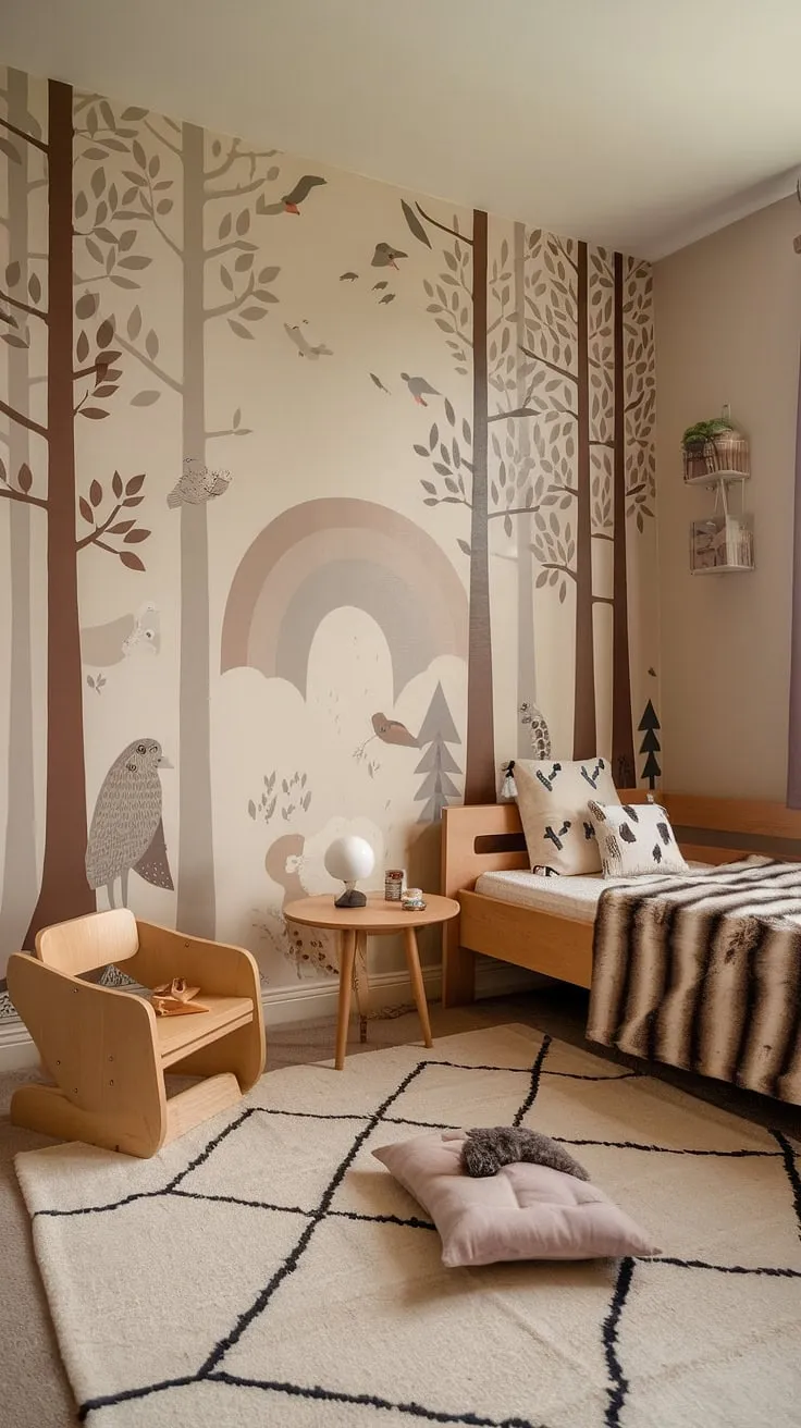 Dreamy and delightful, this earthy toddler room is a forest-inspired kids room brimming with boho charm.  The woodland themed room's natural elements and whimsical mural transform this space into a magical natural kids room, a perfect kids forest room for imaginative play.