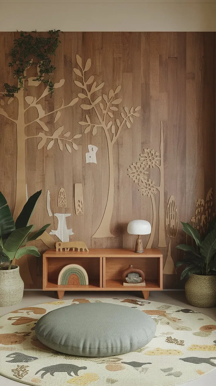 Escape to the enchanted forest in this woodland themed room.  This nature themed kids bedroom is the perfect blend of boho kid room charm and earthy tones, creating a natural kids room where creativity flourishes.  The forest-inspired kids room is a sanctuary of peace and wonder.