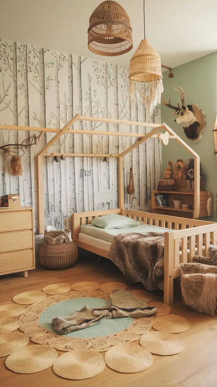 Escape to this enchanting boho kid room, a whimsical woodland themed room where earthy textures and forest-inspired designs create a calming haven for little adventurers.  This nature themed kids bedroom, a true kids forest room, is a perfect blend of natural kids room style and playful charm.