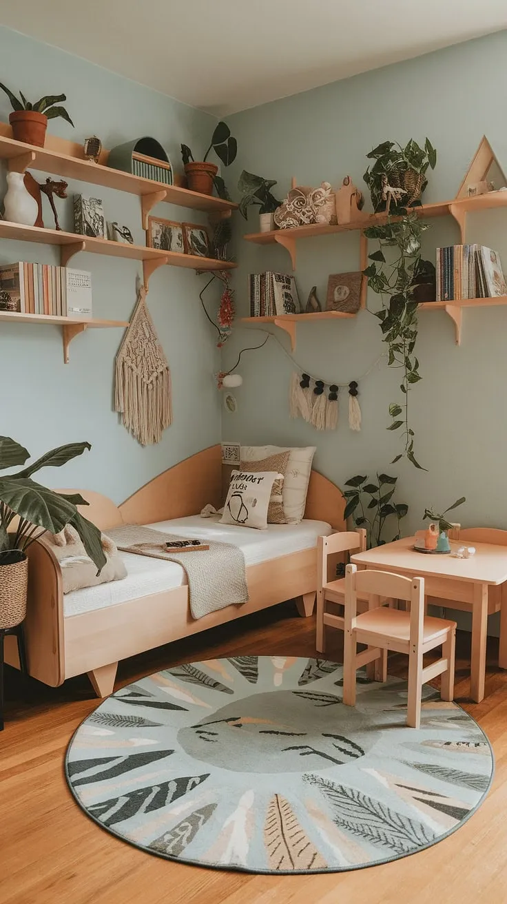 Step into this enchanting boho kid room, a nature-themed haven where woodland dreams come to life.  The earthy toddler room's forest-inspired design, complete with a cozy bed and whimsical decor, creates a calming and imaginative space for little ones to explore. This natural kids room is the perfect blend of rustic charm and playful spirit, a kids forest room where every detail whispers of adventure.