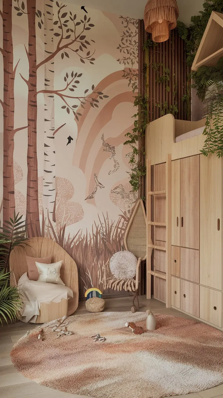 Dive into the magic of this earthy toddler room, a kids forest room brimming with bohemian charm.  The forest-inspired kids room features a stunning mural, plush rug, and a loft bed, creating a whimsical woodland themed room. This natural kids room is the ultimate sanctuary for a child's imagination.