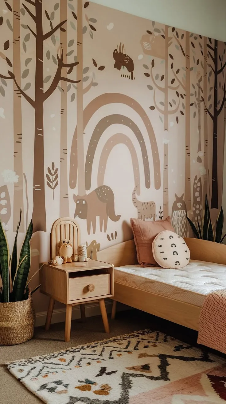 Step into this enchanting boho kid room, a nature-themed kids bedroom where dreams bloom amongst the trees.  A woodland themed room, this earthy toddler room is a haven of calm, inspired by the forest and filled with natural light and playful details.  It's the perfect kids forest room for little adventurers.