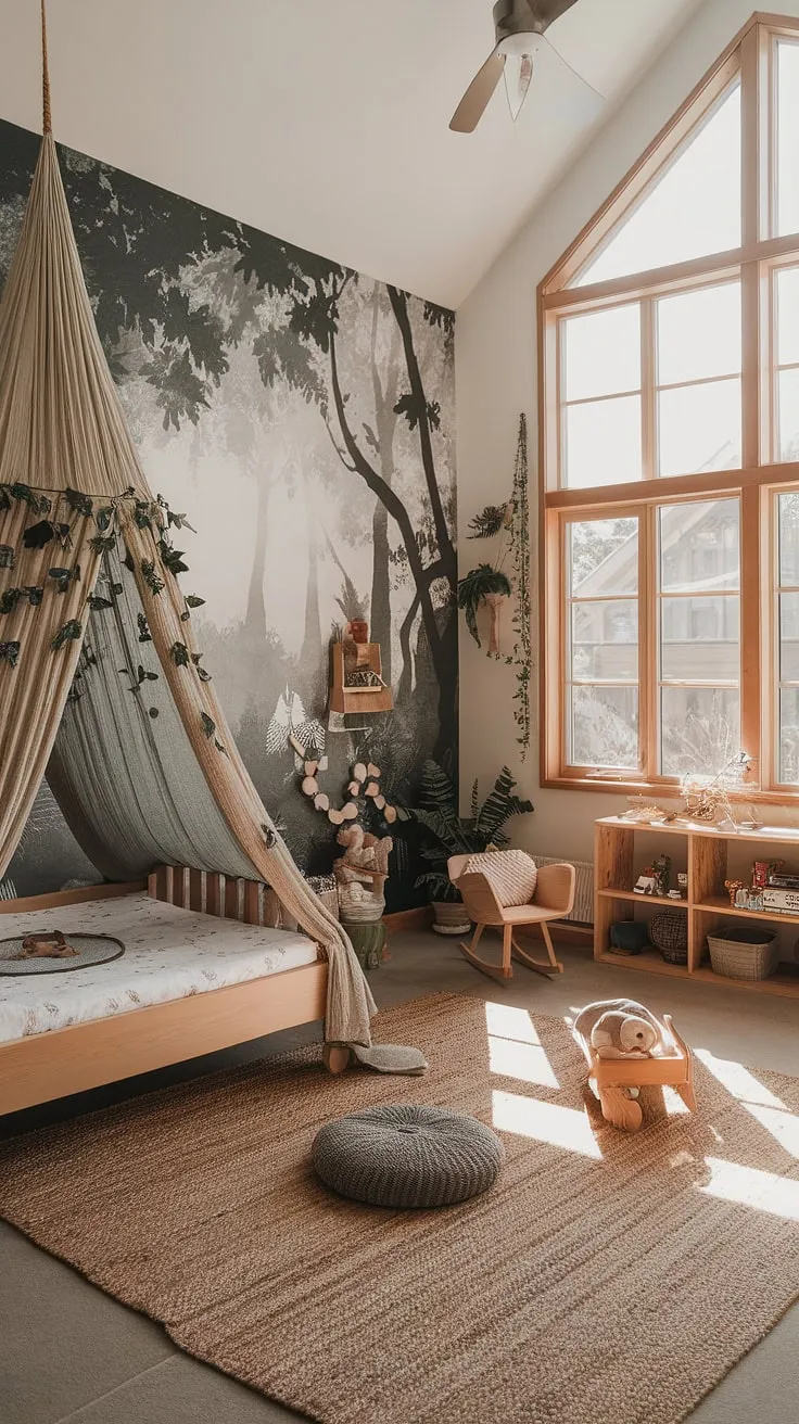 This woodland themed room is the ultimate kids forest room, a captivating blend of boho style and nature's embrace.  Imagine the adventures unfolding in this earthy toddler room, a forest-inspired kids room brimming with natural light and whimsical charm.  A perfect natural kids room for any little explorer.