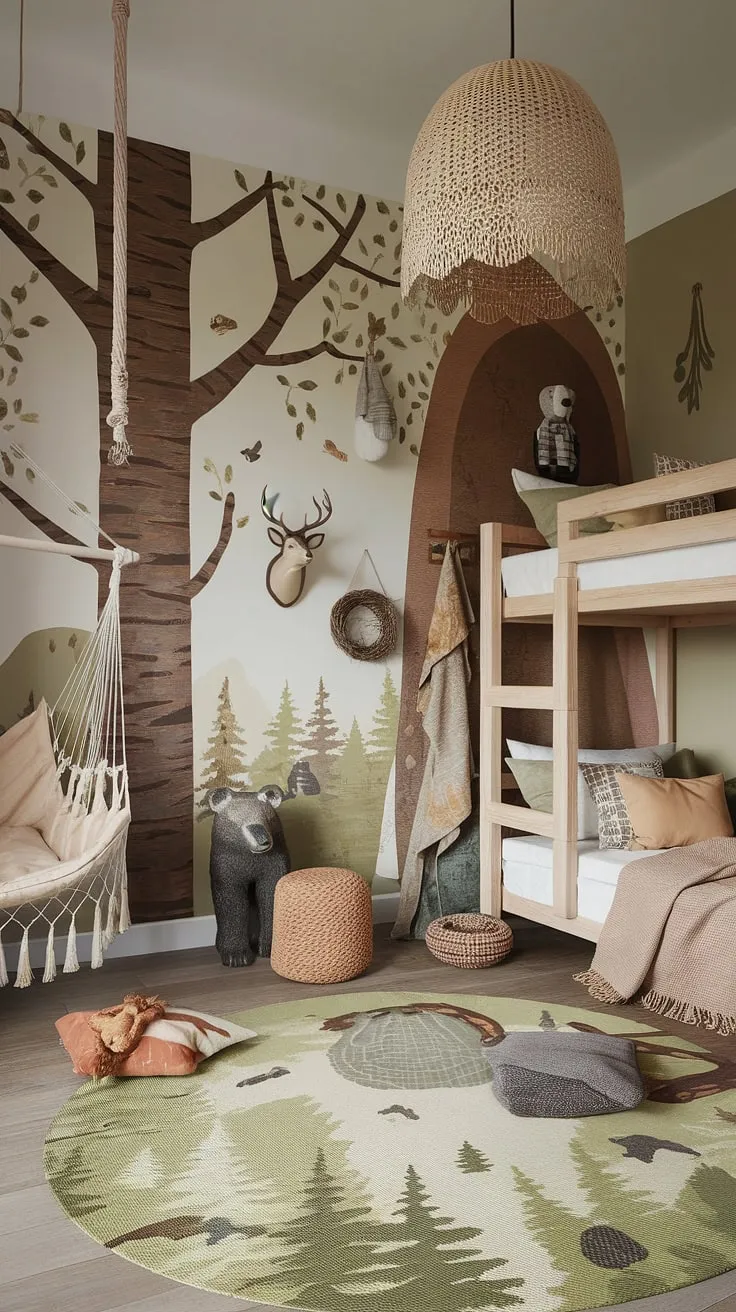 Step into this enchanting boho kid room, a whimsical woodland themed room where earthy tones and natural materials create a calming haven.  The forest-inspired kids room features a stunning tree mural, a cozy hammock, and playful nature-themed accents, transforming this natural kids room into a magical space for imaginative play. This earthy toddler room is the perfect blend of style and comfort.