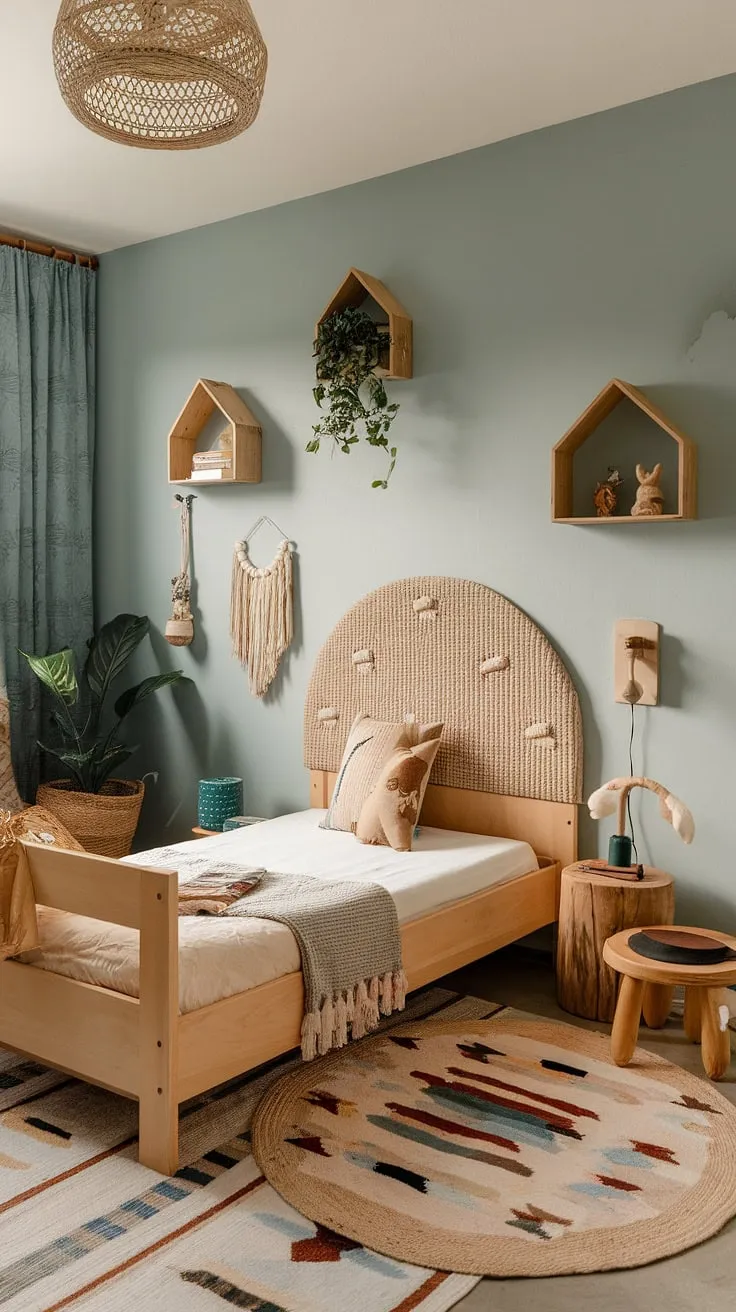 Dreamy and serene, this earthy toddler room is a beautiful example of a forest-inspired kids room.  The boho kid room's natural elements and calming blue walls create a woodland themed room that's both stylish and playful, a perfect kids forest room for imaginative adventures.