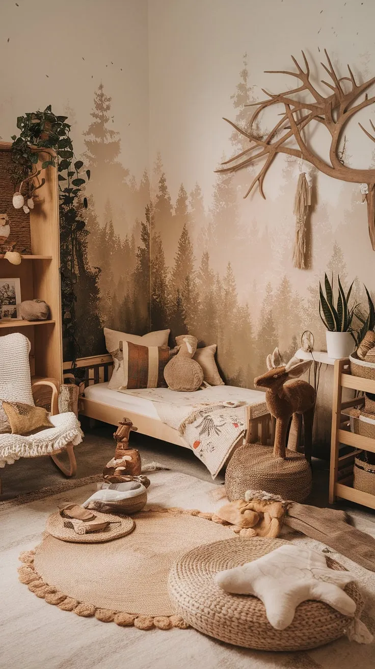 Dreamy and earthy toddler room, this nature themed kids bedroom is a testament to the beauty of a forest inspired kids room.  Every detail, from the woven textiles to the whimsical stuffed deer, contributes to this magical boho kid room, a truly natural kids room for imaginative play.