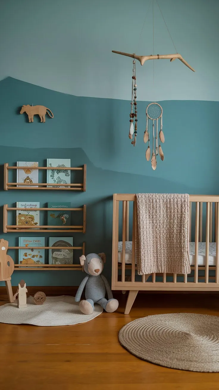 Step into this enchanting boho kid room, a forest-inspired haven where earthy tones and natural textures create a calming sanctuary for your little one.  The woodland themed room, complete with a wooden crib and nature-themed books, promises sweet dreams in this natural kids room.