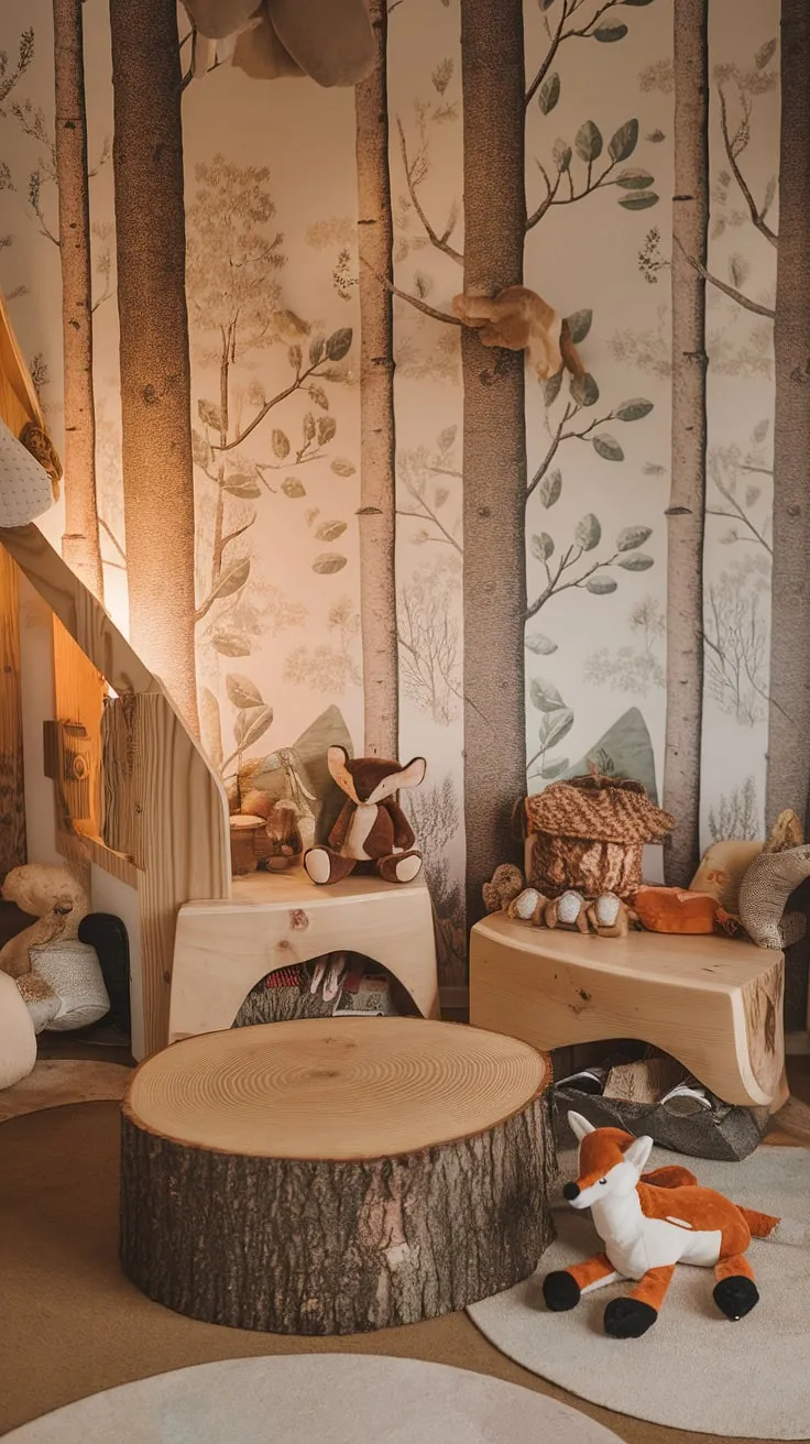 Welcome to this earthy toddler room, a dreamy woodland themed room brimming with boho charm.  The forest inspired kids room features a captivating nature themed kids bedroom wallpaper, complemented by wooden furniture and adorable woodland creatures.  This natural kids room is the perfect blend of style and comfort, a truly captivating kids forest room.