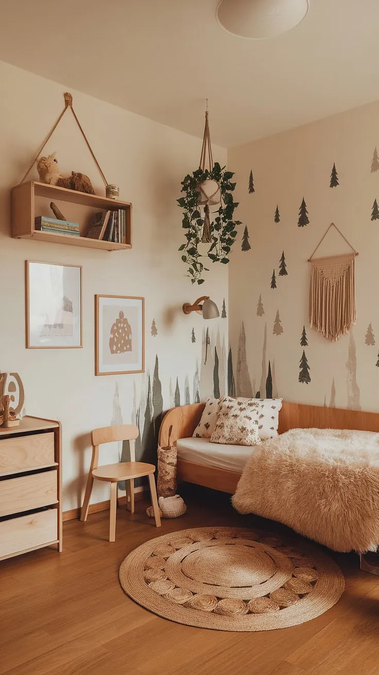 Welcome to this earthy toddler room, a whimsical forest-inspired kids room brimming with boho charm.  The carefully curated nature themed kids bedroom offers a peaceful retreat, where a woodland themed room meets a playful boho kid room. This kids forest room is a celebration of natural beauty, designed for sweet dreams and endless adventures.