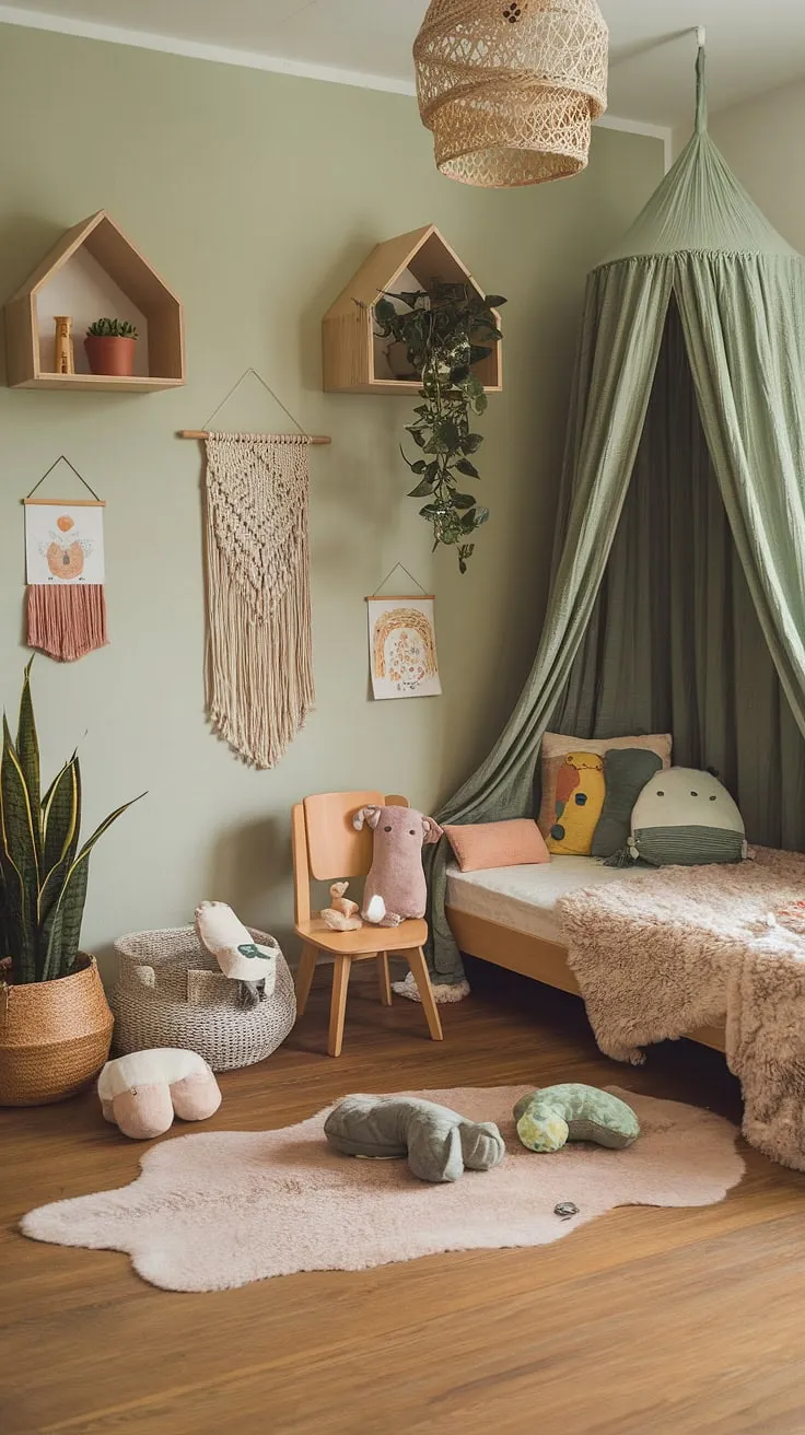 This earthy toddler room, a perfect blend of boho kid room and forest-inspired kids room, invites sweet dreams.  The woodland themed room's natural kids room aesthetic, complete with a canopy bed and playful animal friends, creates a magical nature themed kids bedroom for little adventurers.  A kids forest room where imagination flourishes.