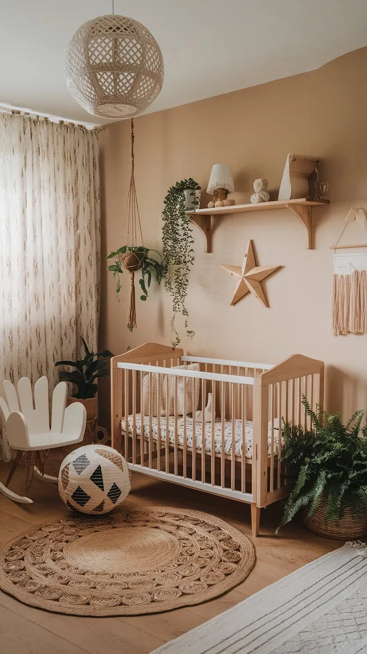 Welcome to this boho kid room, a nature themed kids bedroom where woodland magic meets modern comfort.  The kids forest room's calming beige walls and wooden accents create a peaceful atmosphere, enhanced by the hanging decorations and lush greenery. This forest inspired kids room is the perfect space for a little one to grow and explore.