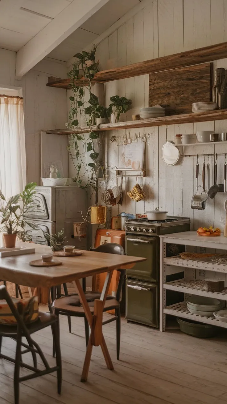 This small farmhouse kitchen, brimming with boho charm, proves that cozy kitchen decor doesn't require a lot of space.  The aesthetic kitchen design, achieved with a small kitchen remodel, showcases clever tiny kitchen ideas for maximizing charm and functionality in a small cozy kitchen.