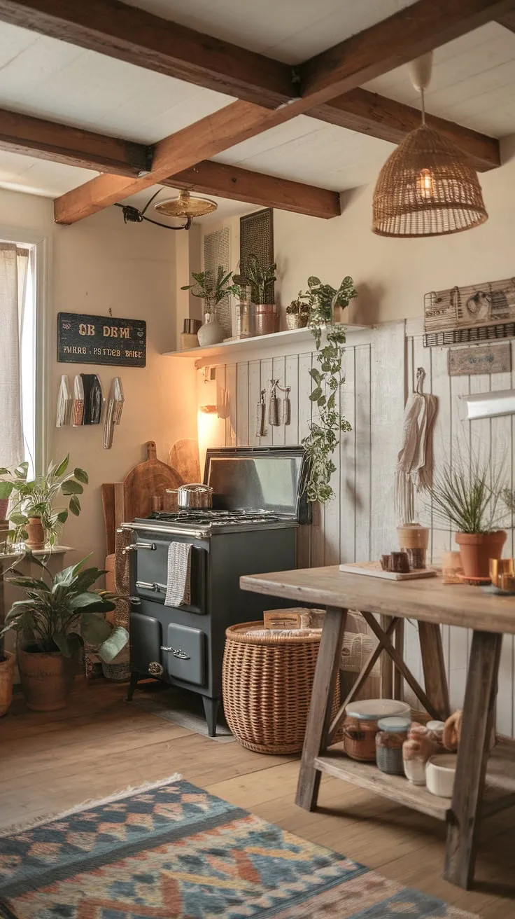 Transforming a tiny space into a haven: This small farmhouse kitchen remodel boasts cozy kitchen decor and a boho kitchen aesthetic.  Perfect tiny kitchen ideas for maximizing charm in a small cozy kitchen.